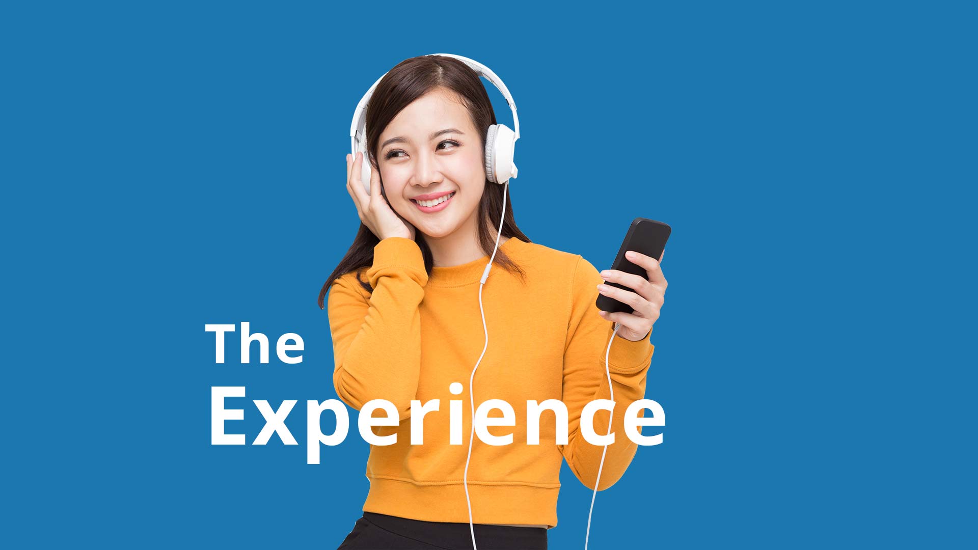 Woman on headset listening to podcast