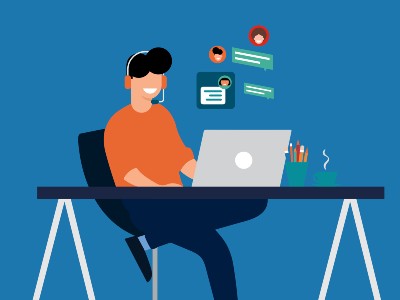 Illustration of a man at a desk, smiling and looking at his laptop