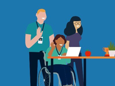 Group of people looking and waiving to an ipad