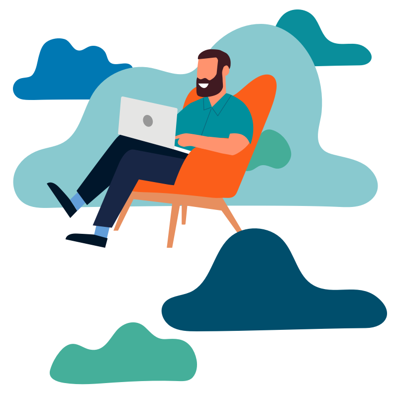 Charicature of man sitting in a chair on his laptop among clouds