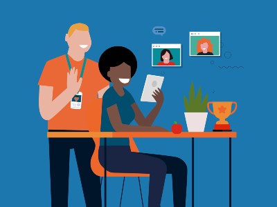 A man and a woman looking at an ipad together